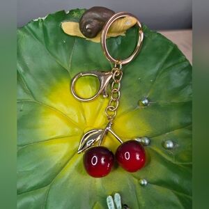 Gold Cherry Keychain Bag Charm - Red Cherry Accent, NEW